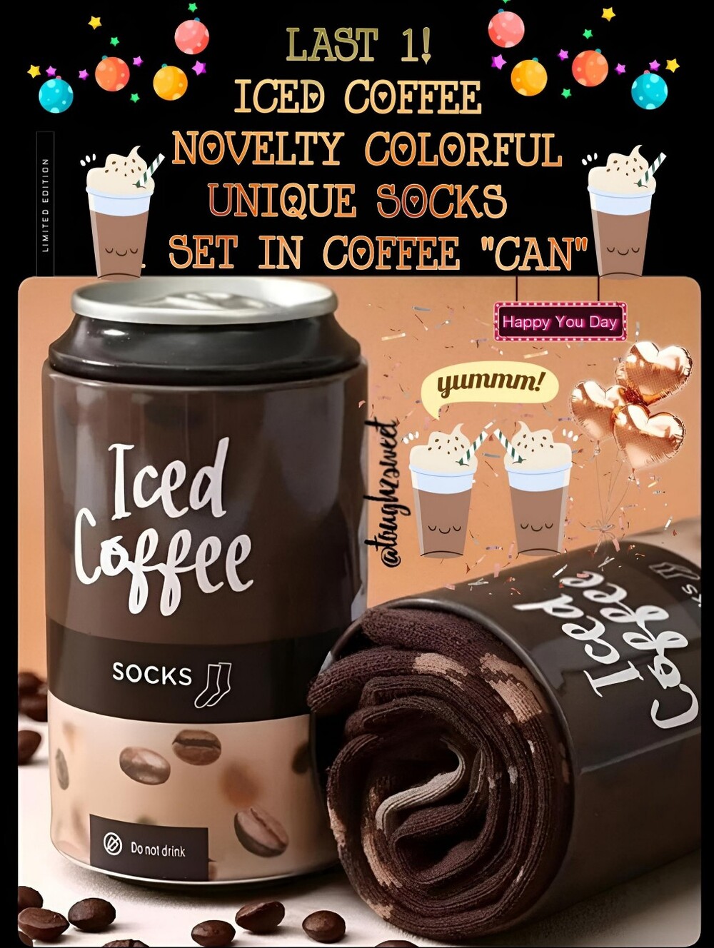 🆕️ICED COFFEE NOVELTY COLORFUL UNIQUE SOCKS/ 1 SET IN COFFEE "CAN"